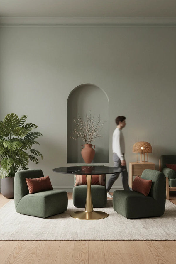 LeisureMod Round Dining Table 40 Sintered Stone Tabletop in Gold Steel Bistro Series
