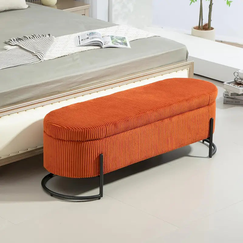 Padded Velvet Fabric Storage Bench Ottoman with Safety Hinge and Metal Legs