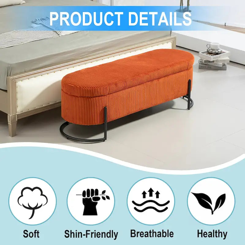Banc de rangement ottoman en velours capitonné avec charnière de sécurité et pieds en métal