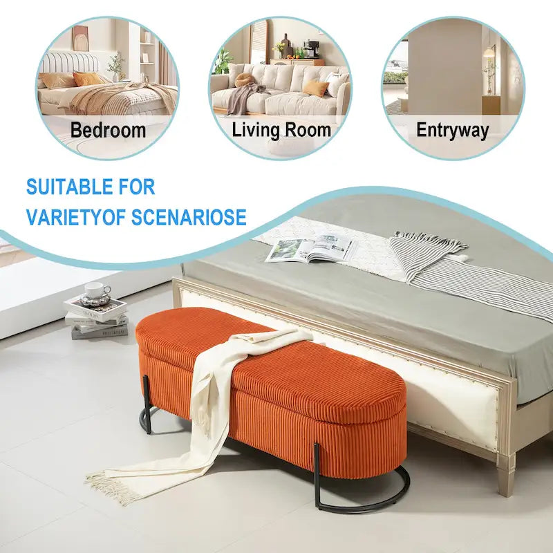 Banc de rangement ottoman en velours capitonné avec charnière de sécurité et pieds en métal