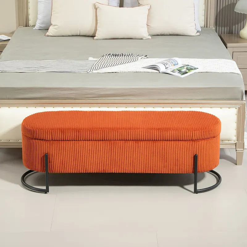 Banc de rangement ottoman en velours capitonné avec charnière de sécurité et pieds en métal
