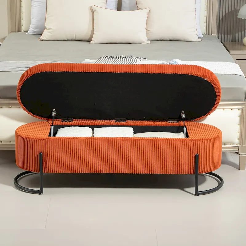 Banc de rangement ottoman en velours capitonné avec charnière de sécurité et pieds en métal