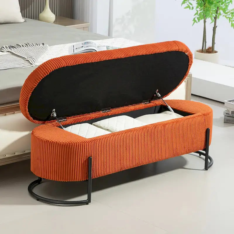 Banc de rangement ottoman en velours capitonné avec charnière de sécurité et pieds en métal