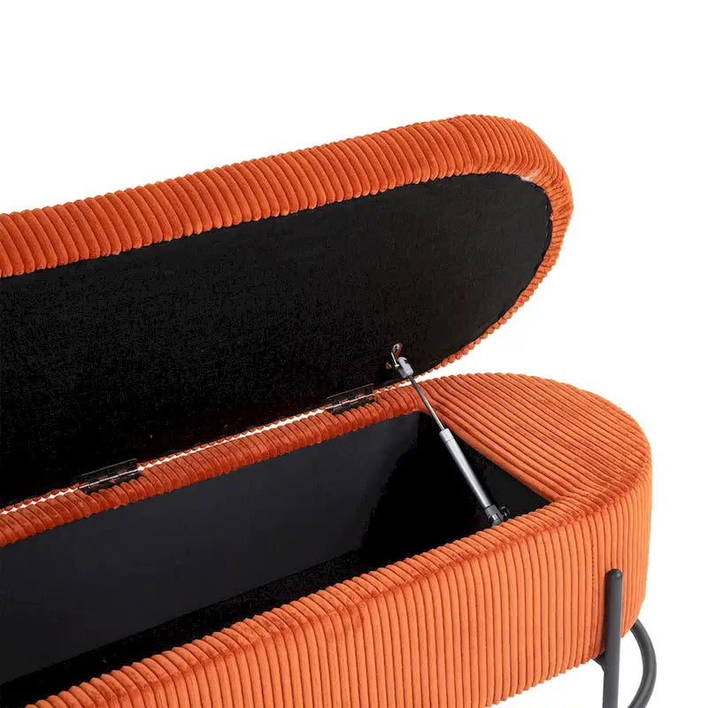 Banc de rangement ottoman en velours capitonné avec charnière de sécurité et pieds en métal