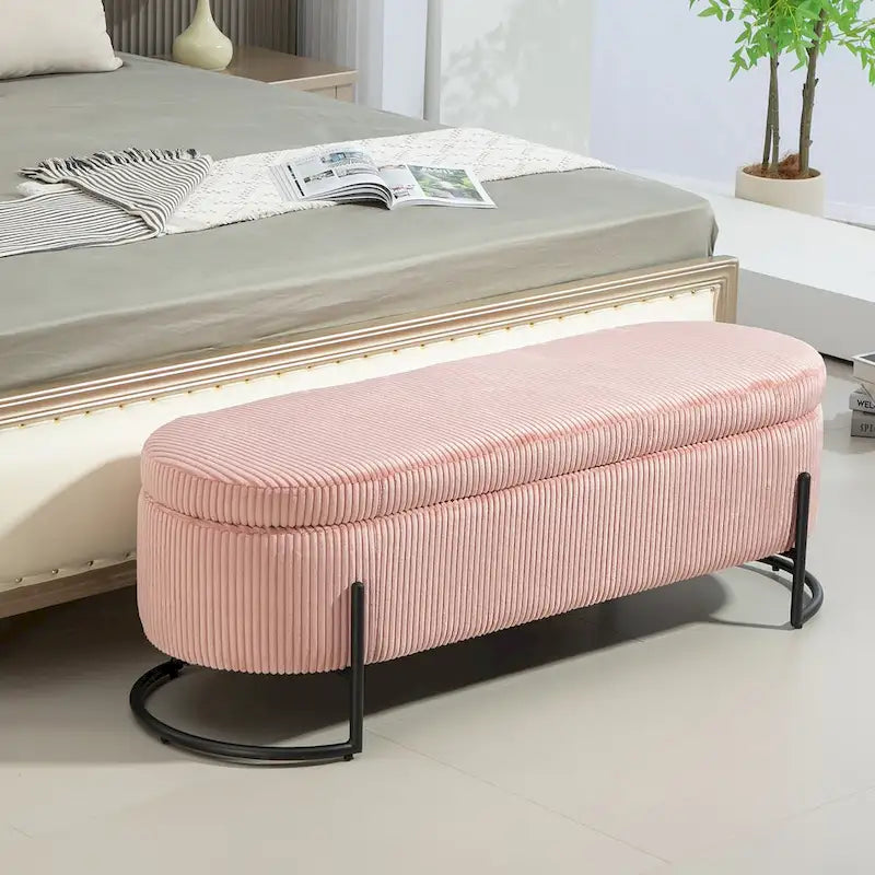 Banc de rangement ottoman en velours capitonné avec charnière de sécurité et pieds en métal