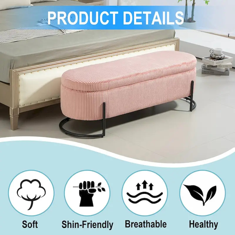 Banc de rangement ottoman en velours capitonné avec charnière de sécurité et pieds en métal