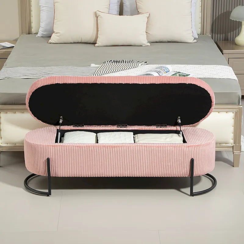 Banc de rangement ottoman en velours capitonné avec charnière de sécurité et pieds en métal
