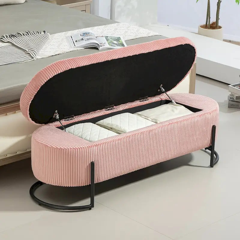 Banc de rangement ottoman en velours capitonné avec charnière de sécurité et pieds en métal