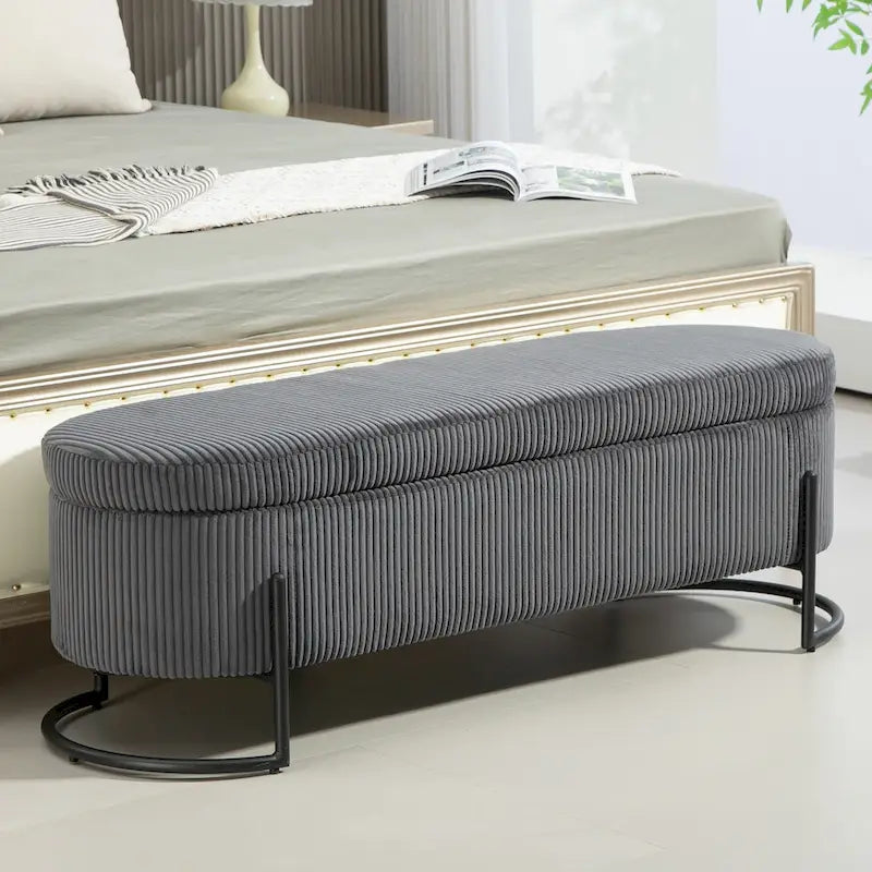 Banc de rangement ottoman en velours capitonné avec charnière de sécurité et pieds en métal
