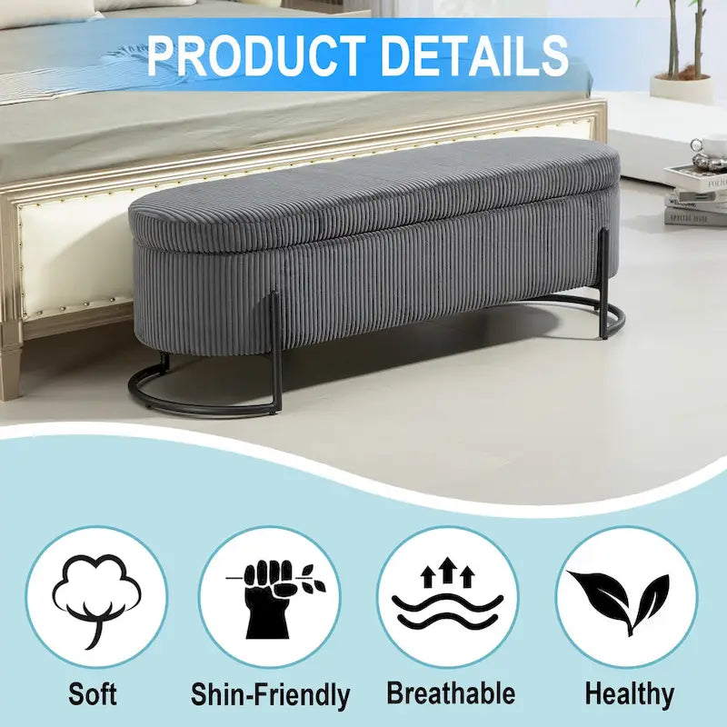 Banc de rangement ottoman en velours capitonné avec charnière de sécurité et pieds en métal