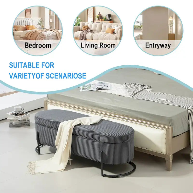 Banc de rangement ottoman en velours capitonné avec charnière de sécurité et pieds en métal