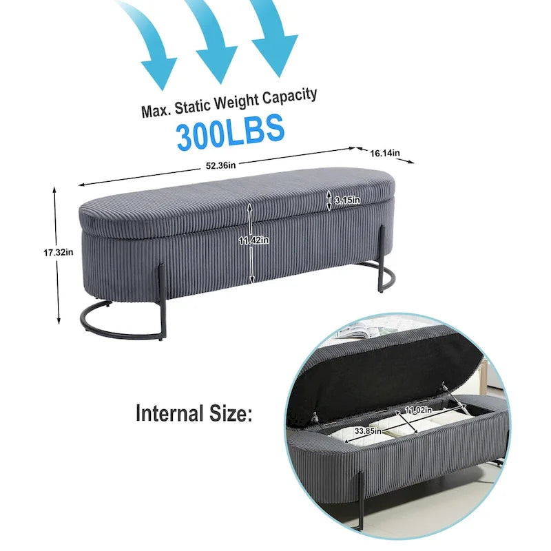 Banc de rangement ottoman en velours capitonné avec charnière de sécurité et pieds en métal