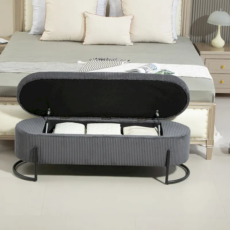 Banc de rangement ottoman en velours capitonné avec charnière de sécurité et pieds en métal