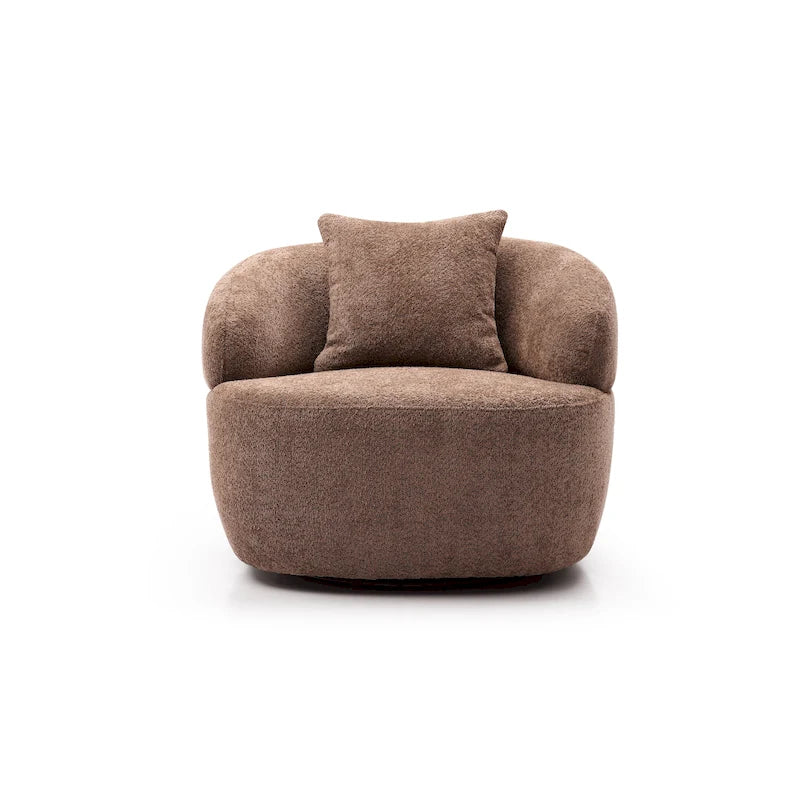 Fauteuil pivotant 34,6" avec accoudoirs ronds | Revêtement marron, piètement en bois massif, salon