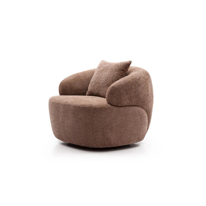 Fauteuil pivotant 34,6" avec accoudoirs ronds | Revêtement marron, piètement en bois massif, salon