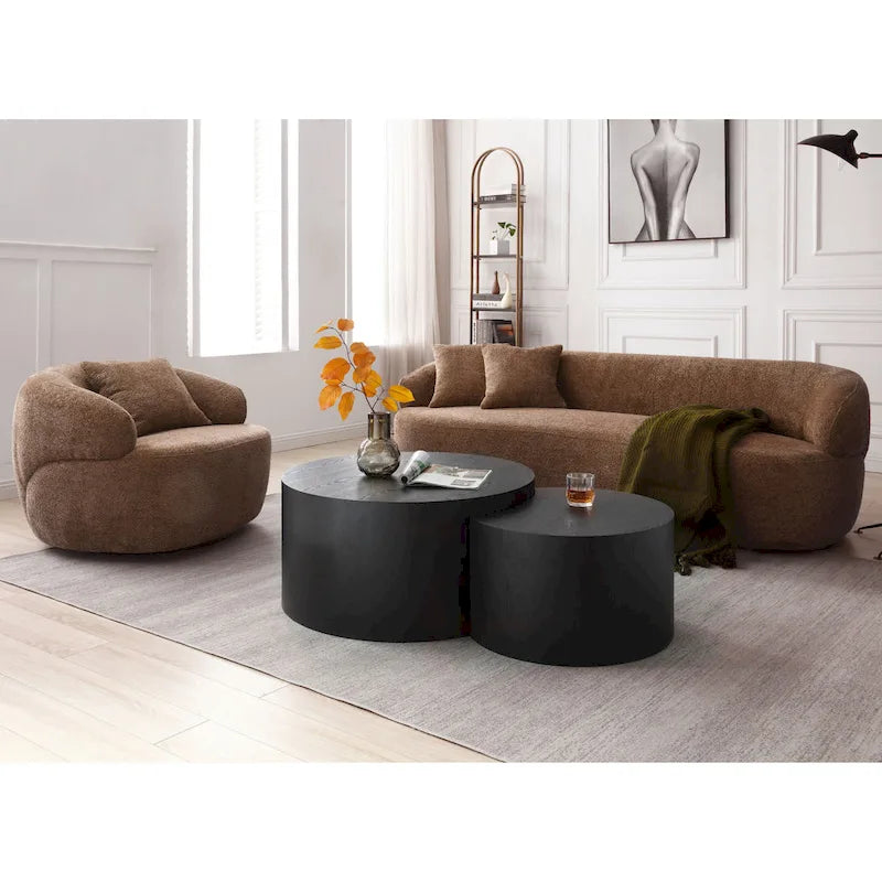 Fauteuil pivotant 34,6" avec accoudoirs ronds | Revêtement marron, piètement en bois massif, salon