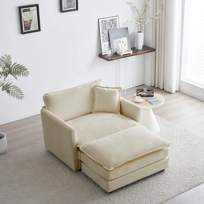 Canapé simple en chenille beige avec ottoman | Double coussin d'assise | Accent de salon