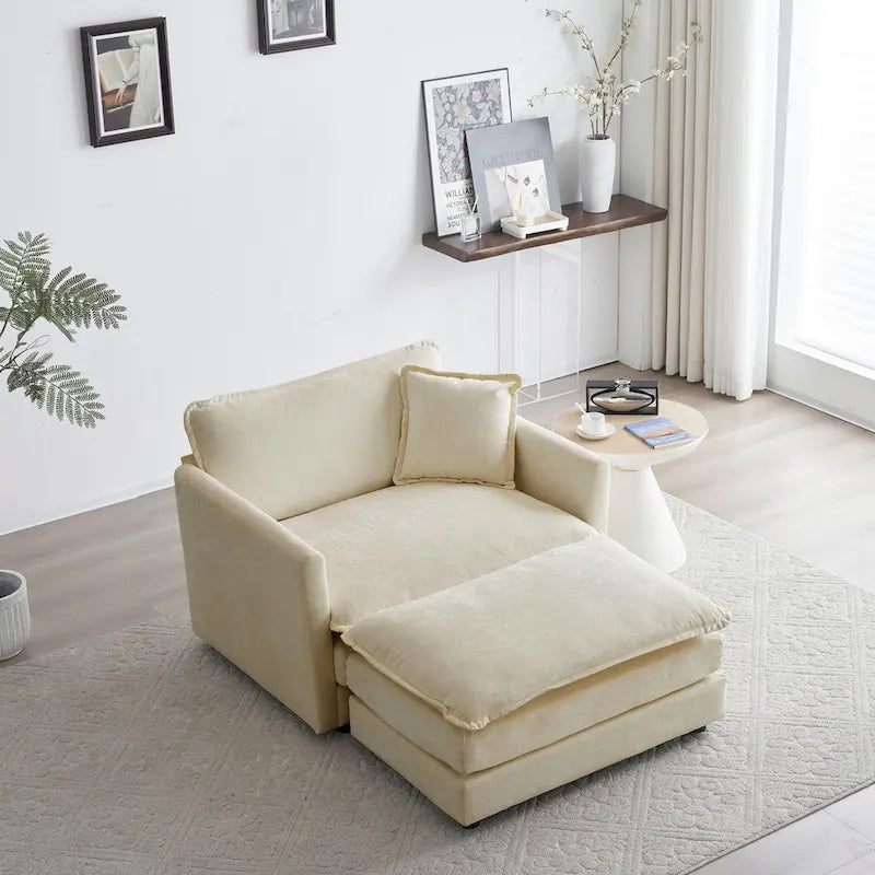 Beige Chenille Single Sofa with Ottoman and Double Cushion Seat
