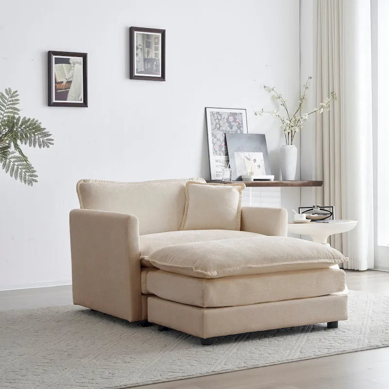 Beige Chenille Single Sofa with Ottoman | Double Cushion Seat | Living Room Accent