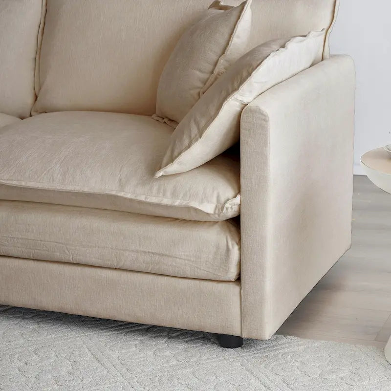 Canapé simple en chenille beige avec ottoman | Double coussin d'assise | Accent de salon