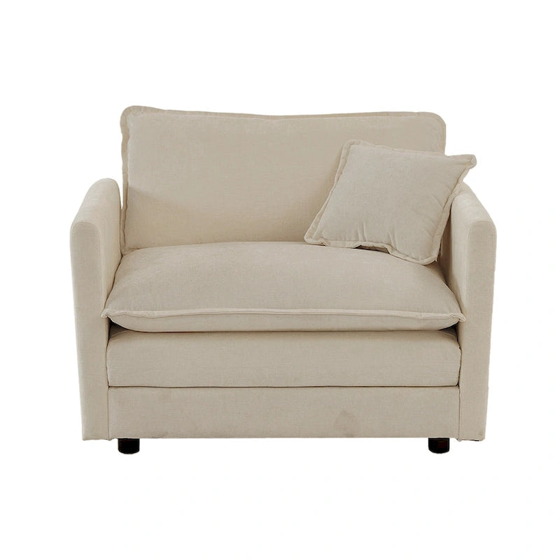Canapé simple en chenille beige avec ottoman | Double coussin d'assise | Accent de salon