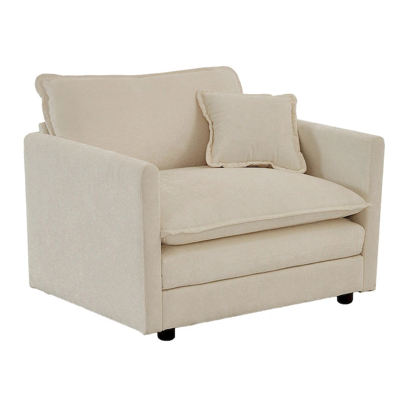 Canapé simple en chenille beige avec ottoman | Double coussin d'assise | Accent de salon