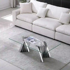 Table basse avec plateau en verre trempé et piètement en acier inoxydable finition miroir doré