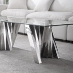 Table basse avec plateau en verre trempé et piètement en acier inoxydable finition miroir doré