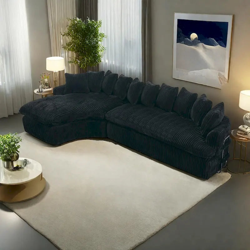 127 Canapé d'angle modulable en velours côtelé avec 10 oreillers, mousse haute résilience, aucun assemblage requis