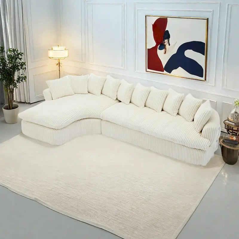 127 Canapé d'angle modulable en velours côtelé avec 10 oreillers, mousse haute résilience, aucun assemblage requis