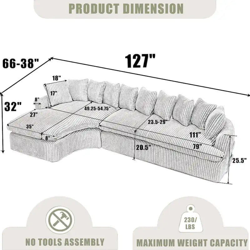 127 Canapé d'angle modulable en velours côtelé avec 10 oreillers, mousse haute résilience, aucun assemblage requis