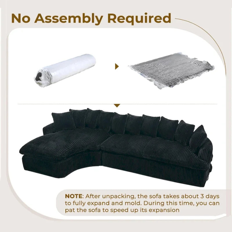 127 Canapé d'angle modulable en velours côtelé avec 10 oreillers, mousse haute résilience, aucun assemblage requis