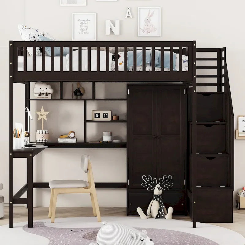 Lit mezzanine en bois avec étagère et échelle | Chambre d'enfant compacte