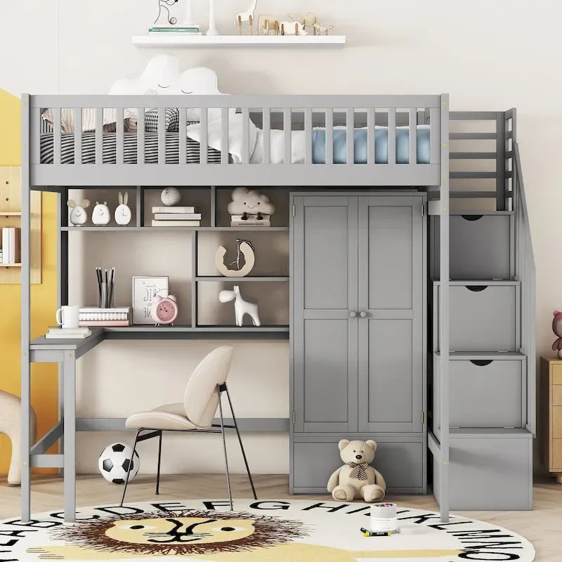 Lit mezzanine en bois avec étagère et échelle | Chambre d'enfant compacte