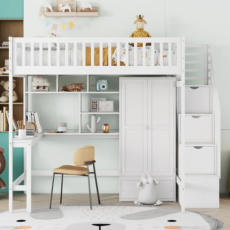 Lit mezzanine en bois avec étagère et échelle | Chambre d'enfant compacte