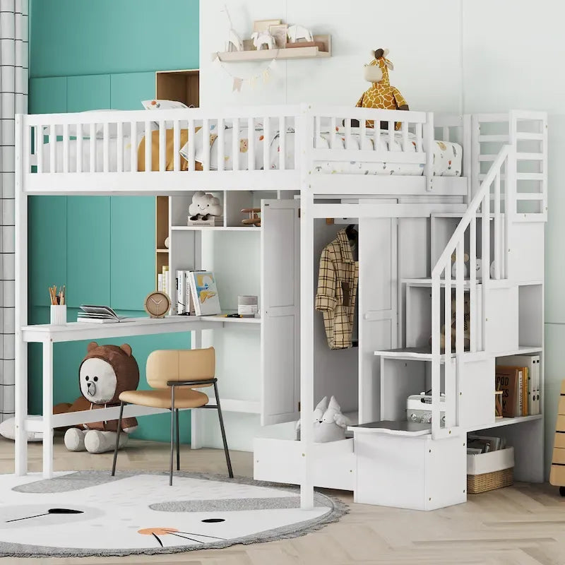 Lit mezzanine en bois avec étagère et échelle | Chambre d'enfant compacte