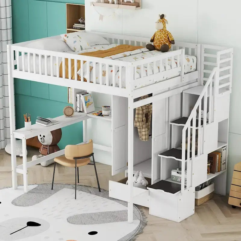 Lit mezzanine en bois avec étagère et échelle | Chambre d'enfant compacte