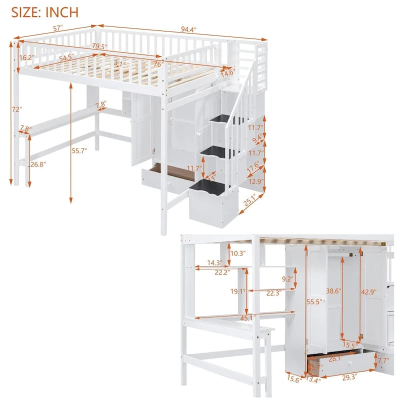 Lit mezzanine en bois avec étagère et échelle | Chambre d'enfant compacte