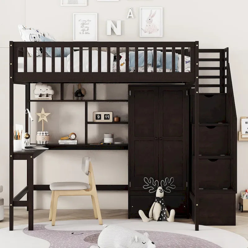 Lit mezzanine en bois avec étagère et échelle | Chambre d'enfant compacte