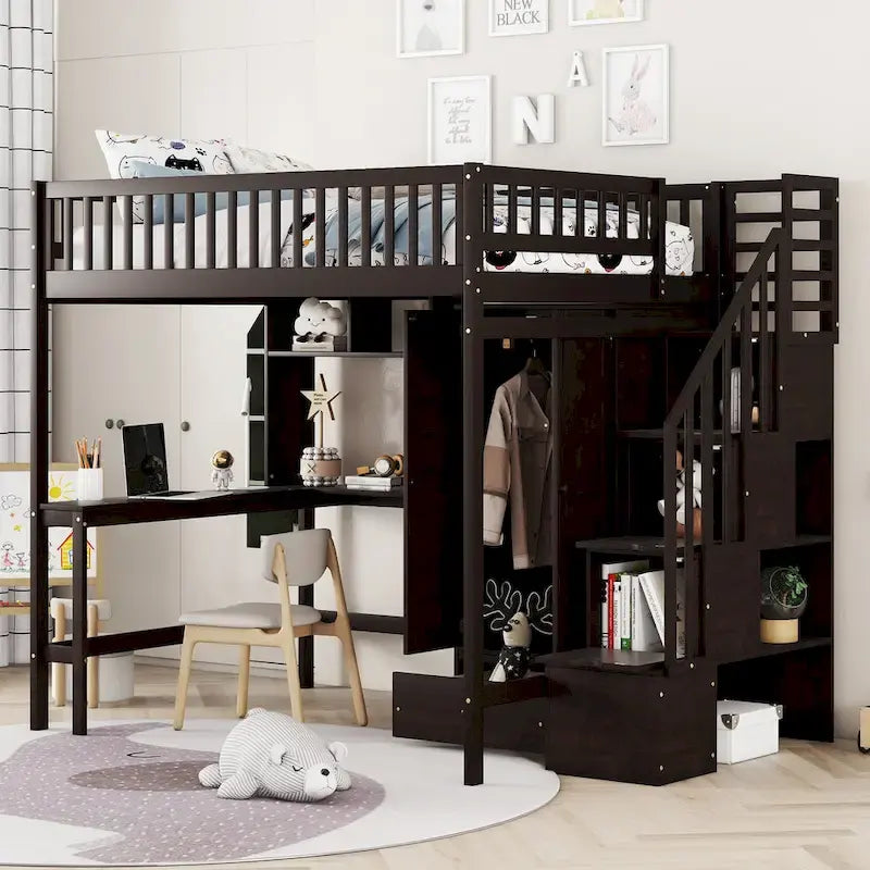 Lit mezzanine en bois avec étagère et échelle | Chambre d'enfant compacte