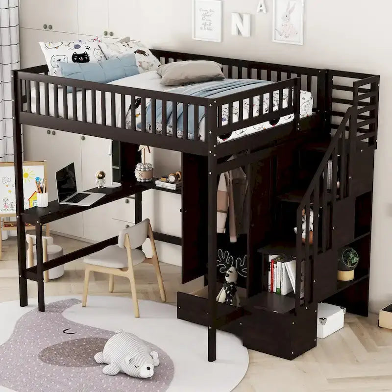 Lit mezzanine en bois avec étagère et échelle | Chambre d'enfant compacte