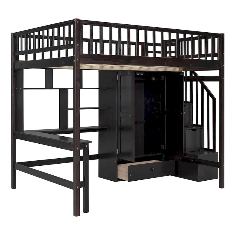 Lit mezzanine en bois avec étagère et échelle | Chambre d'enfant compacte