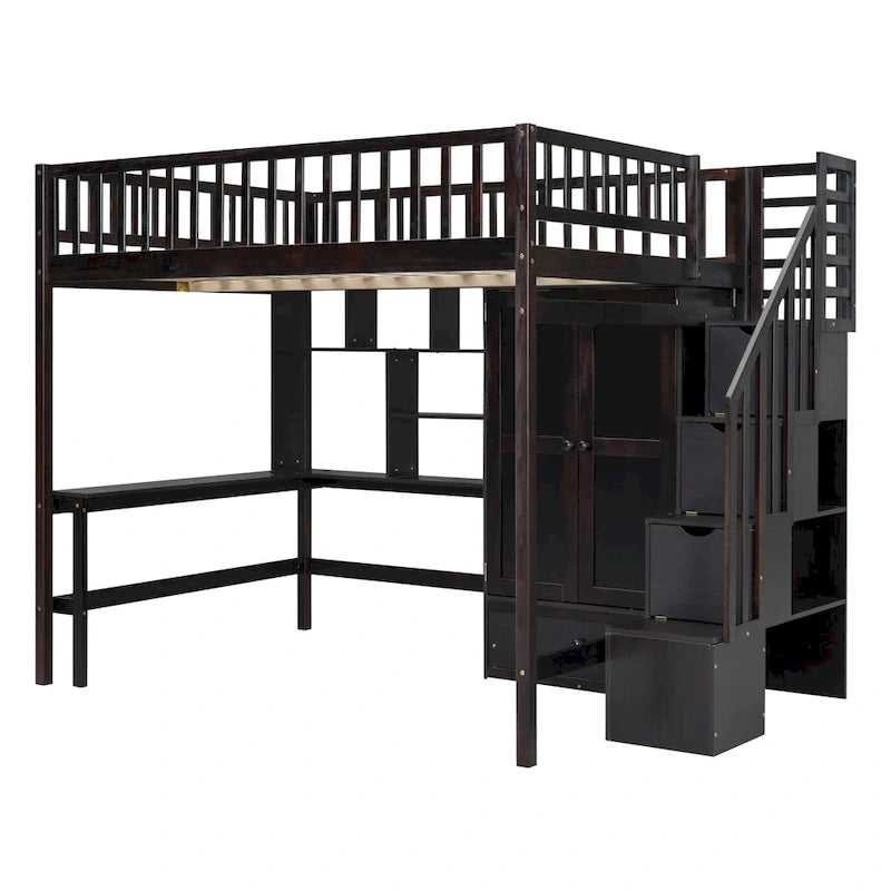 Lit mezzanine en bois avec étagère et échelle | Chambre d'enfant compacte