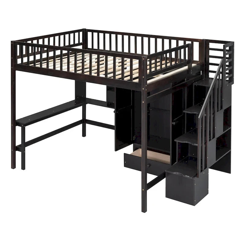 Lit mezzanine en bois avec étagère et échelle | Chambre d'enfant compacte