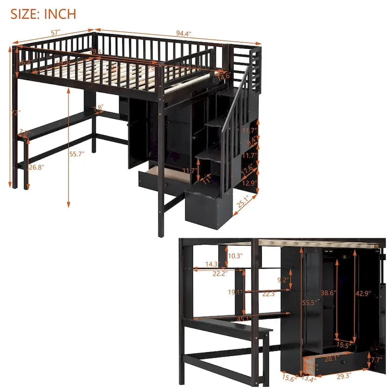 Lit mezzanine en bois avec étagère et échelle | Chambre d'enfant compacte