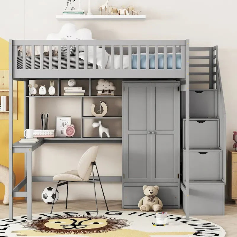 Lit mezzanine en bois avec étagère et échelle | Chambre d'enfant compacte