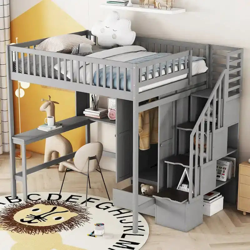 Lit mezzanine en bois avec étagère et échelle | Chambre d'enfant compacte
