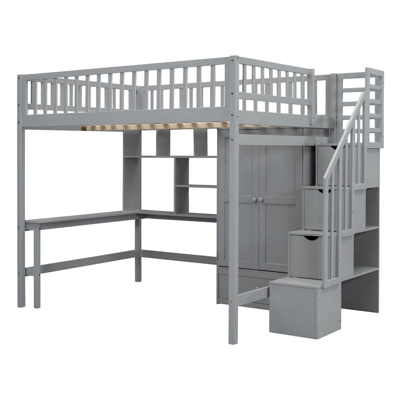Lit mezzanine en bois avec étagère et échelle | Chambre d'enfant compacte