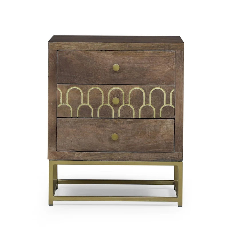 Table de chevet à 3 tiroirs en bois de manguier | Motif écailles de poisson doré | Cadre en fer, 44,5 cm L x 56 cm H