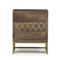 Table de chevet à 3 tiroirs en bois de manguier | Motif écailles de poisson doré | Cadre en fer, 44,5 cm L x 56 cm H
